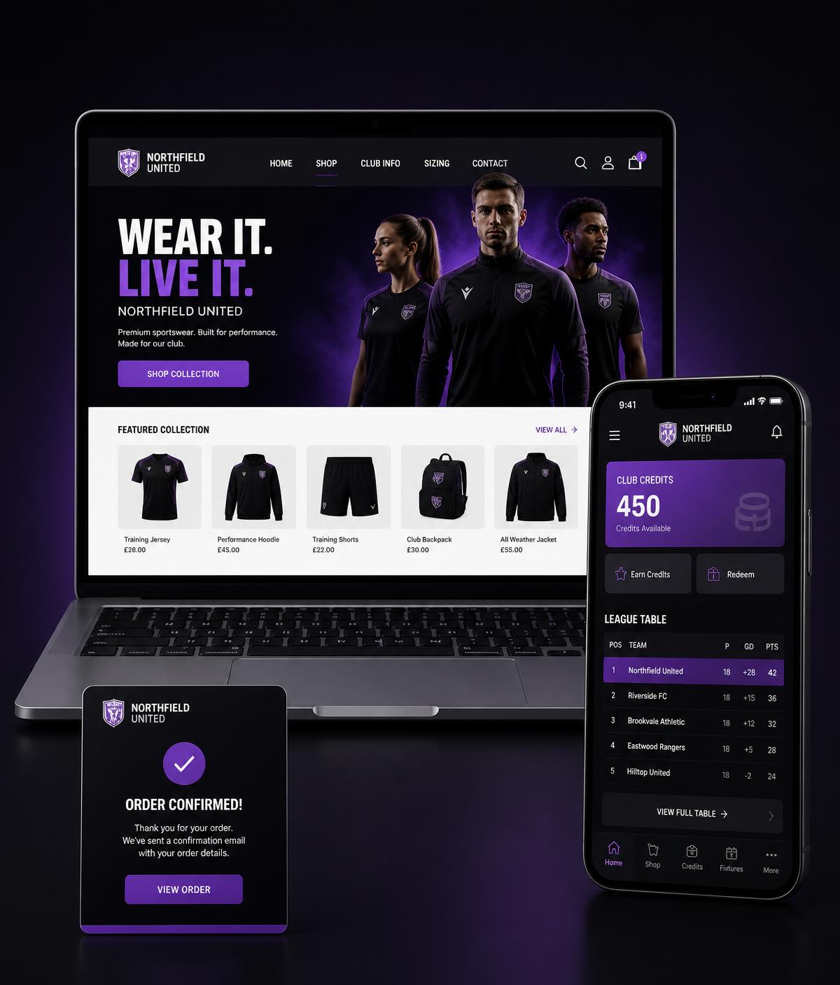 Hackin Club Shop shown on laptop and phone with club credits and league table