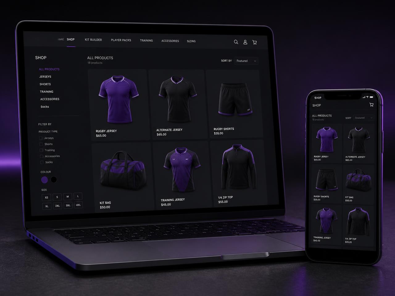Free online rugby club shop shown on laptop and mobile by Hackin Sportswear