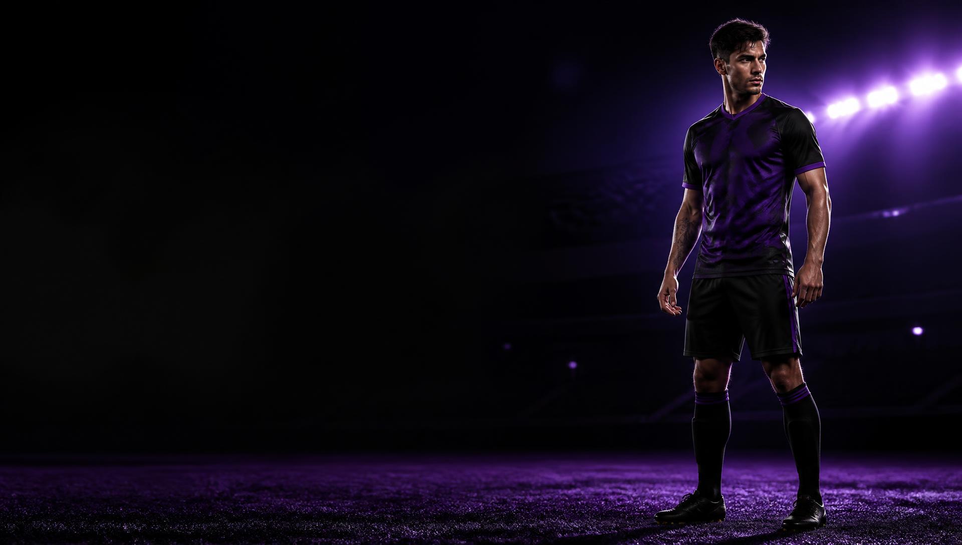 Footballer in a custom Hackin kit under stadium floodlights