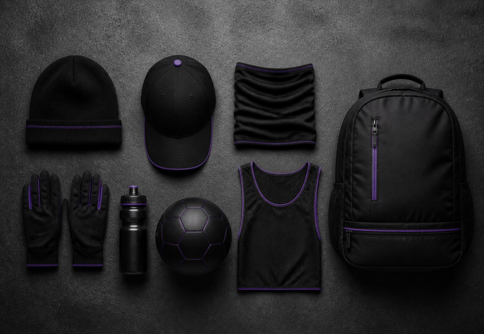 Flat lay of Hackin accessories including beanie, cap, snood, gloves, bottle, ball and backpack