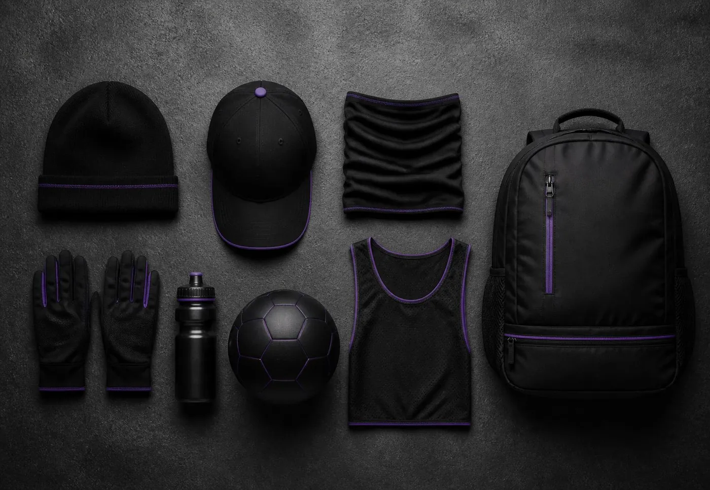 Flat lay of Hackin accessories including beanie, cap, snood, gloves, bottle, ball and backpack