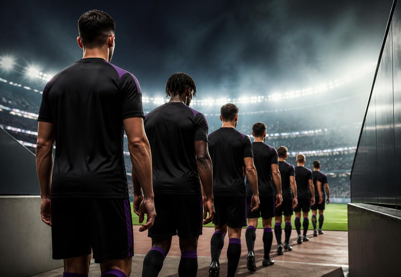 A football team walking out onto a floodlit pitch in Hackin matchday kit